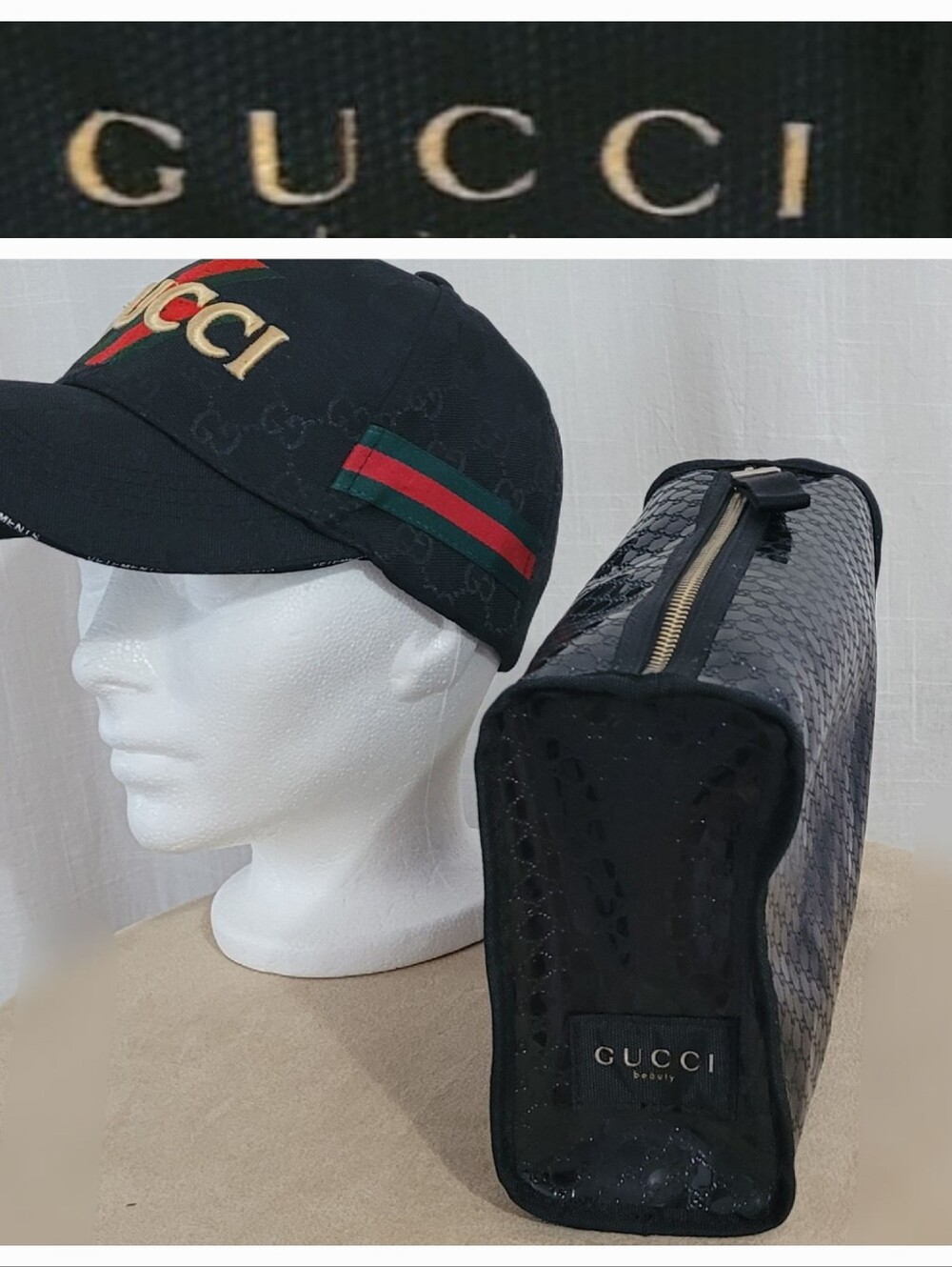 Gucci Black Monogram Toiletry Pouch with Gold Zipper
